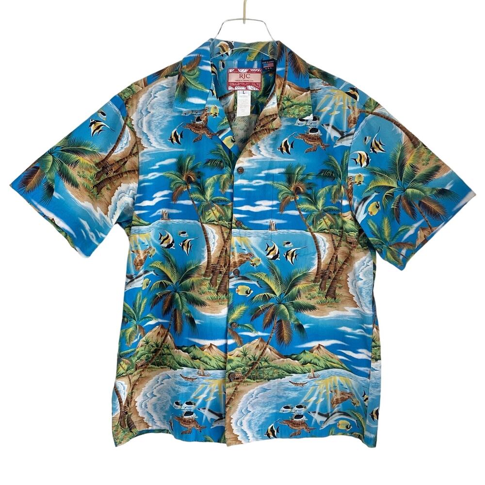 Vintage RJC Hawaiian Camp Shirt Men's Large Blue Palm Fish Turtle Made in Hawaii